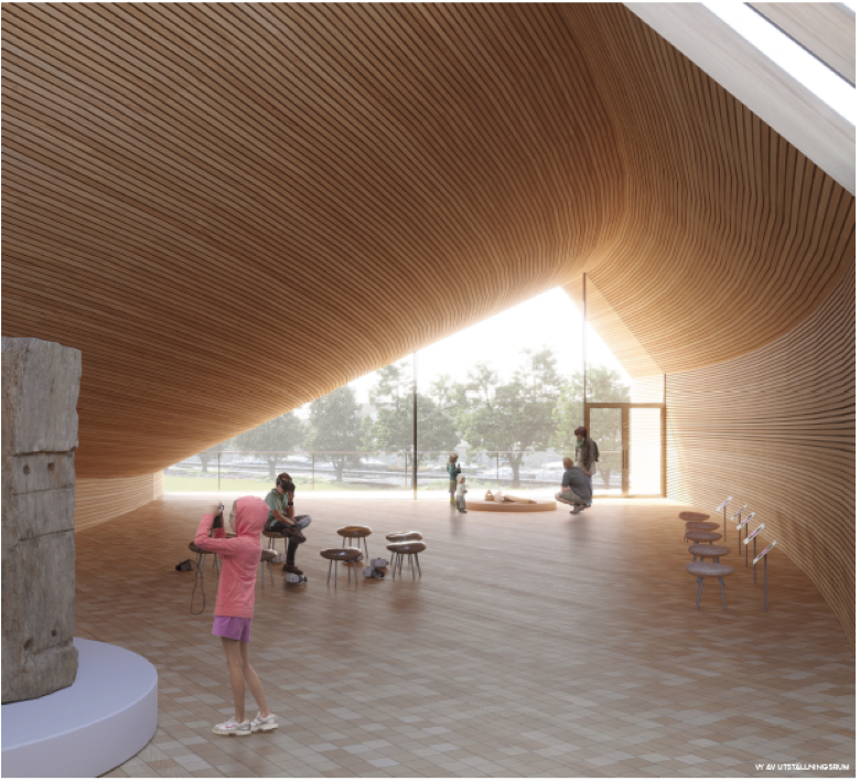 Illustation över Ett modernt besökscentrum med ett trävalvstak, ett ljust trägolv och ett stort fönster. I rummet ses flera besökare titta på utställningsföremål