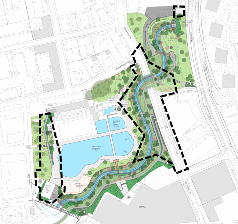 Bilden visar en illustration över området med plangränserna i streckade svarta linjer