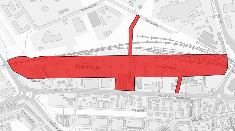 Bilden visar preliminär geografisk avgränsning av detaljplanen för den västra delen av staden.