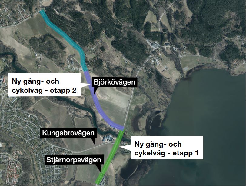 Kartbild som visar den nya gång- och cykelvägen och de olika etapperna