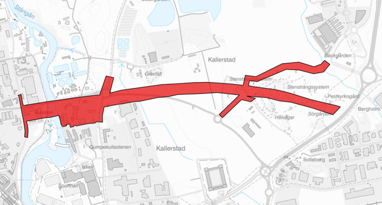 Bilden visar en preliminär geografisk avgränsning av detaljplanen för den östra delen av staden.