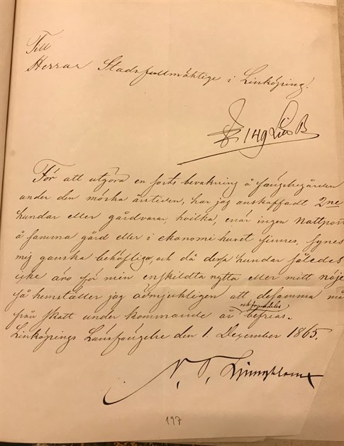 Handskrivet brev från fängelsedirektör om befrielse från hundskatt 1865