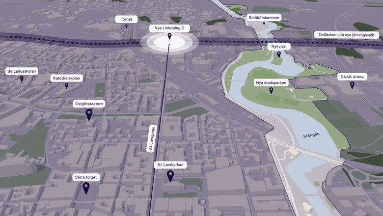 En 3D-karta över en de norra delarna av Linköpings innerstad.