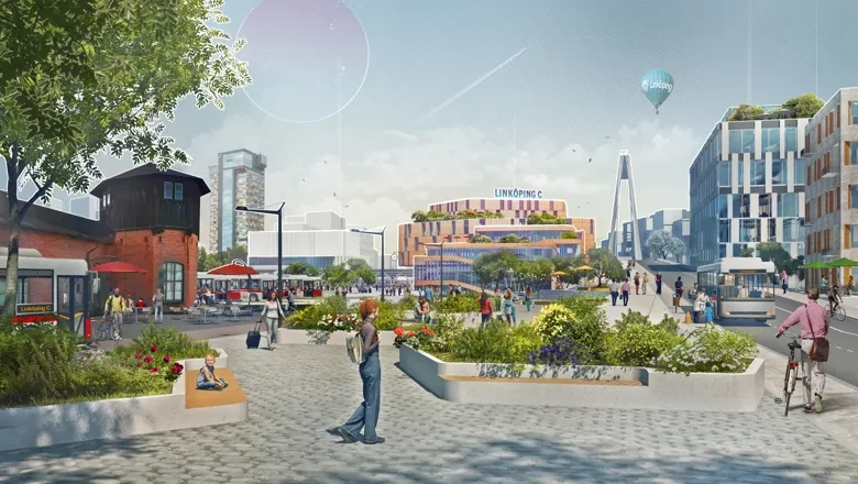 En konstnärs rendering av ett stadstorg med människor som går och cyklar.