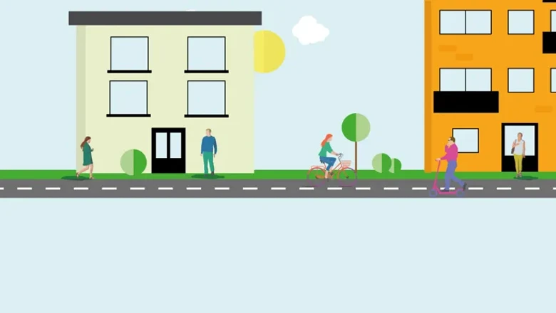 Illustrationen visar en gata kantad av flerbostadshus. Framöver husen går en väg där människor promenerar och cyklar.