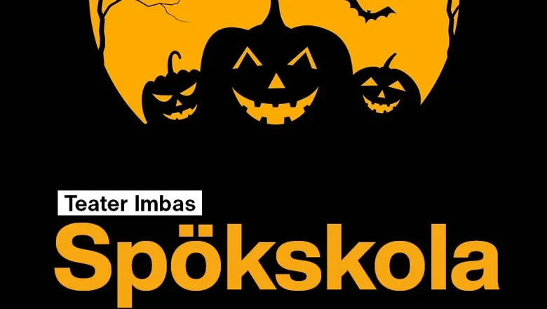 Affischbild med svarta pumpor och fladdermöss mot orangegul bakgrund