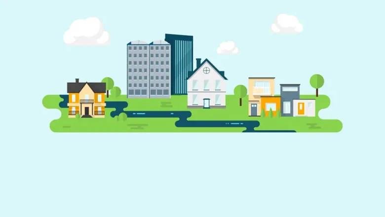 Vy över en stadsmiljö med olika typer av hus